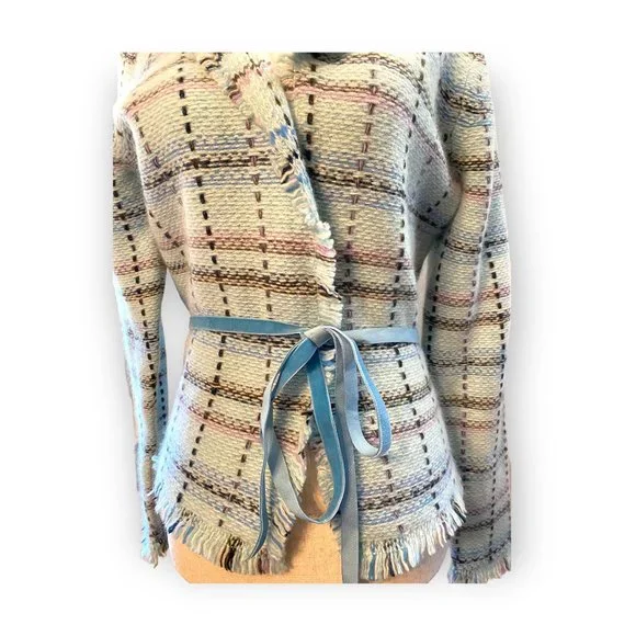 Banana Republic Wool and Angora Baby Blue/ Pink Fringed Blazer Size Medium - Picture 2 of 8